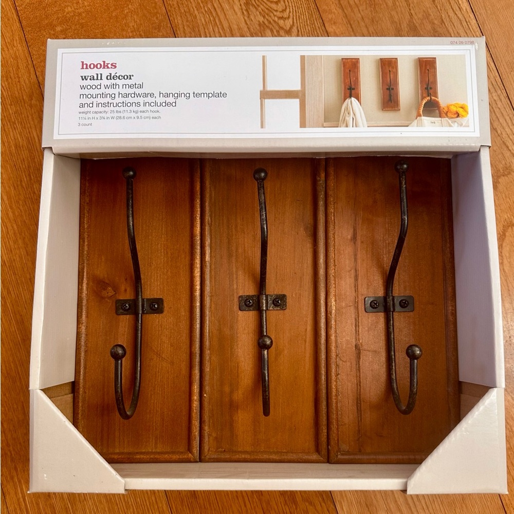 Target Brown Wood Wall Hooks with Black Metal QTY: 3 Hooks NWT